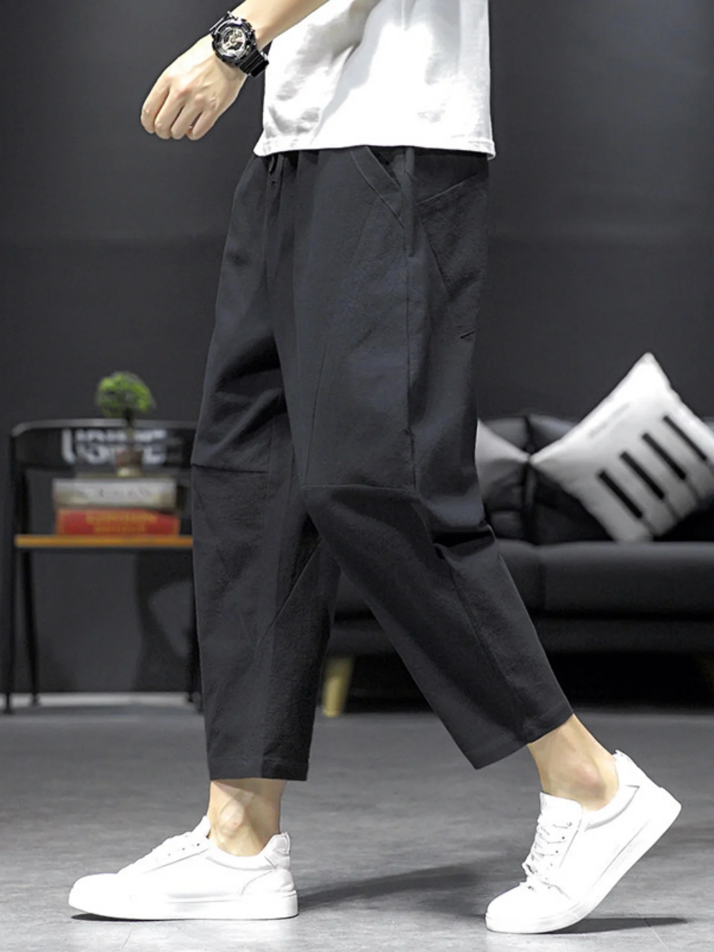 

Мужские свободные брюки из хлопка и льна в стиле Харадзюку, повседневные, летние, прямые, свободного кроя, длиной 7/8