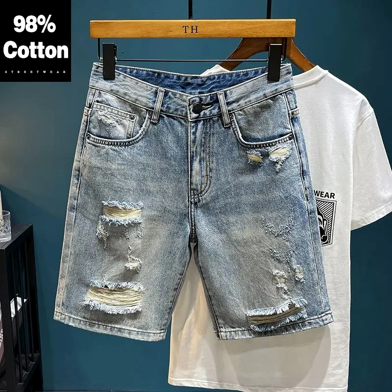 98.5% Pure Cotton Ripped Denim Shorts Men's Summer Straight Retro Hip Hop Hole Streetwear Y2K Pants Korean Fashion Short Jeans
