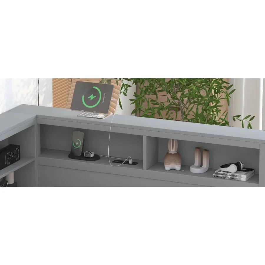 سرير نهاري خشبي كامل الحجم مع سرير نهاري مزدوج الحجم مع رف تخزين ومنفذ شحن USB باللون الرمادي