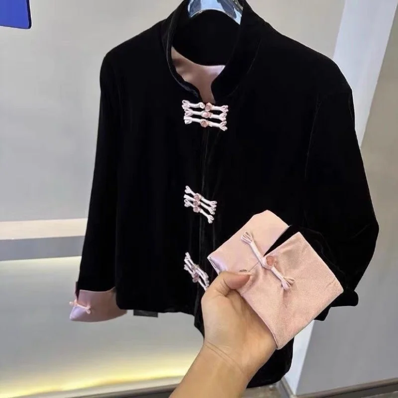 

Черная хлопковая куртка в китайском стиле, женская осенне-зимняя новая бархатная теплая женская куртка на пуговицах с лягушкой