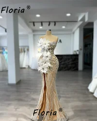 Unique Flowers Design Beaded Mermaid Party Dress White Champagne Backless Slit Formal Occasion Gown Long Evening Prom Customized