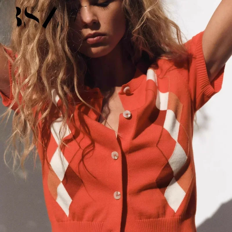 

Summer New Women's Diamond Pattern ort Sve Knitted round Ne T-irt Cardigan Outerwear Loose Fit Commute Sle