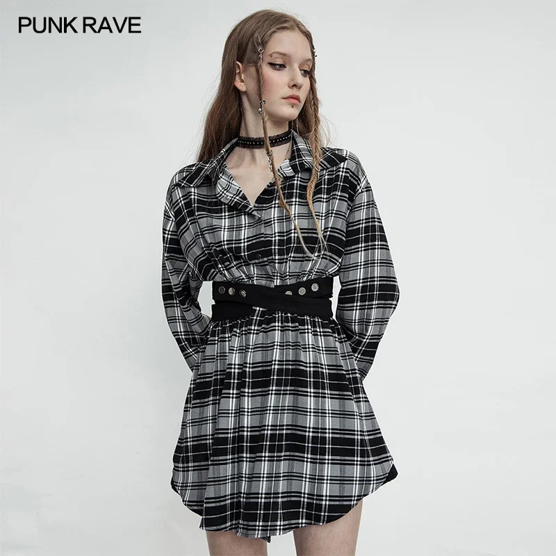 

PUNK RAVE Women's Punk Daily Two Wearing Gridded Dress/coat Personality Removable Hollow Out Chiffon Long Sleeve Dress