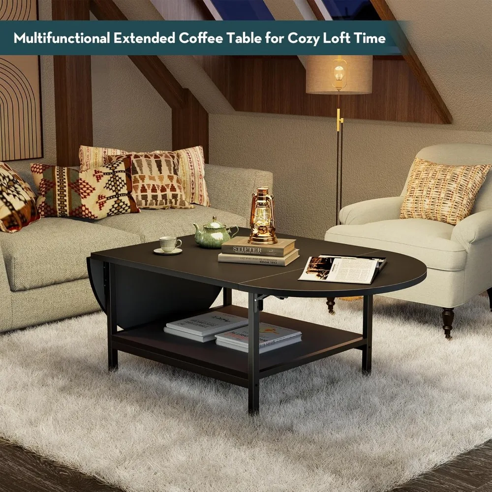 Black Coffee Table Modern Extended Coffee Tables with Storage for Living Room 2-Tier Unique Center Table with Two Folding Panel