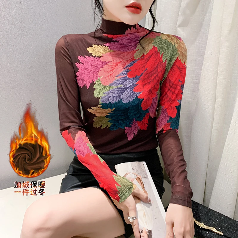 MadBlack European Clothes T-Shirt Mock Neck Thicken Fleece Print Ladies Slim Mesh Tops Long Sleeve Tees Autumn Winter T3N902JM