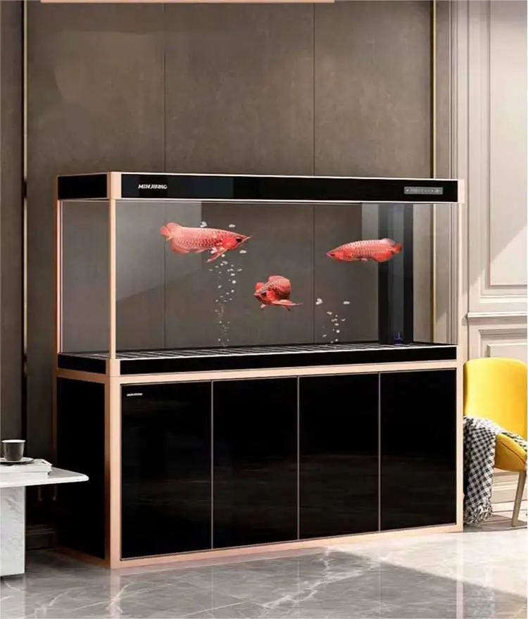 

Customized Minjiang Fish Tank Living Room Large Floor Bottom Filter Ultra White Glass Jinlong Aquarium No Water Change Mute