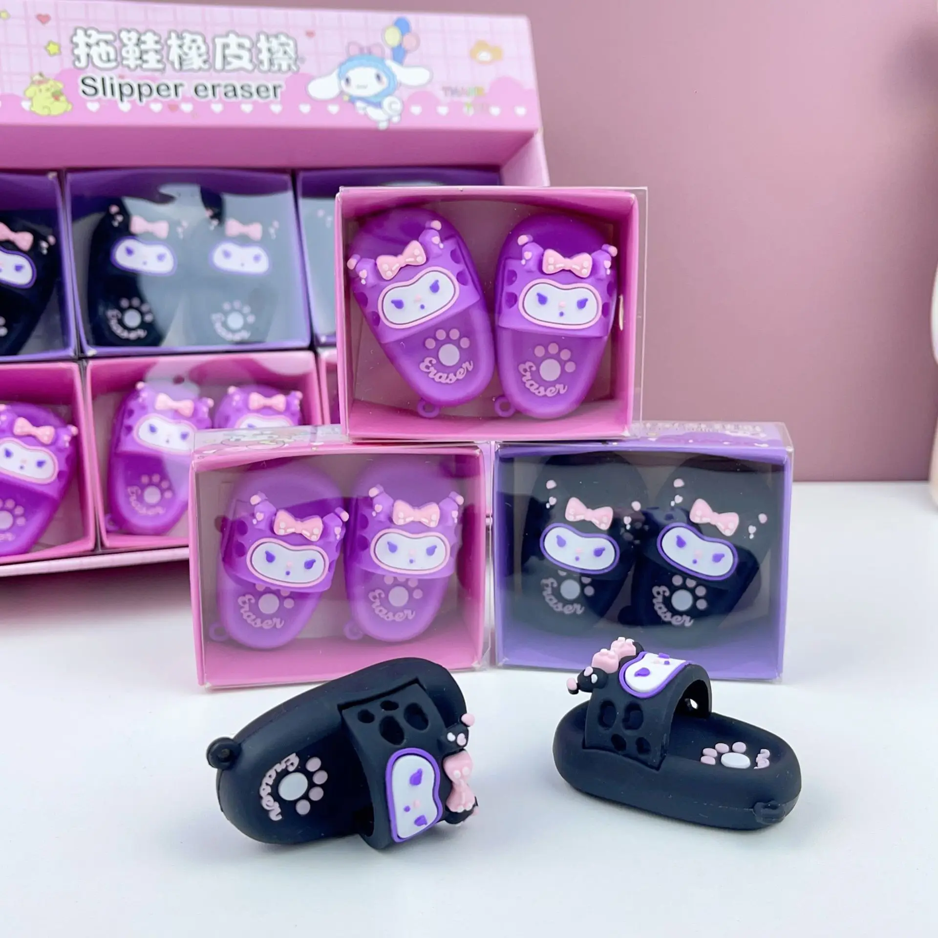 2pcs Kuromi Eraser Sanrio Cartoon Hello Kitty Slipper Shape Eraser for Students Portable Eraser Drawing Tools Student Stationery