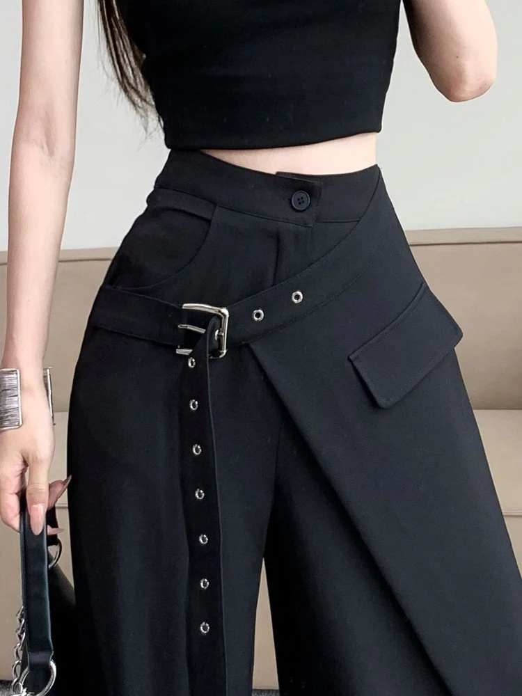 Unique Belt Black Suit Pants Fake Two Pieces Wide Leg Straight Pants For Women Commuting High Waist High-grade Sense Trousers