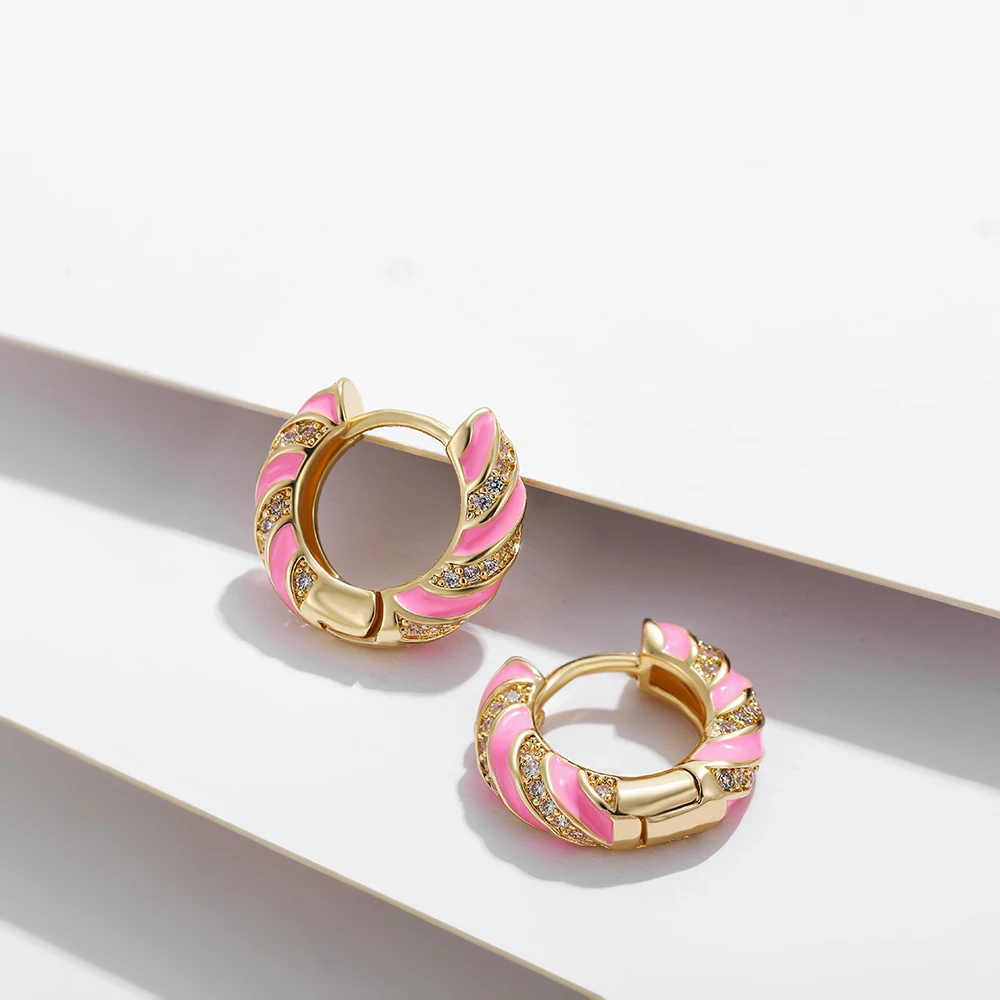Cute Pink Color Enamel Geometric Square Star Huggies Earring New Trendy CZ Zirconia Twist Hoop Earrings Set Female Jewelry Gift