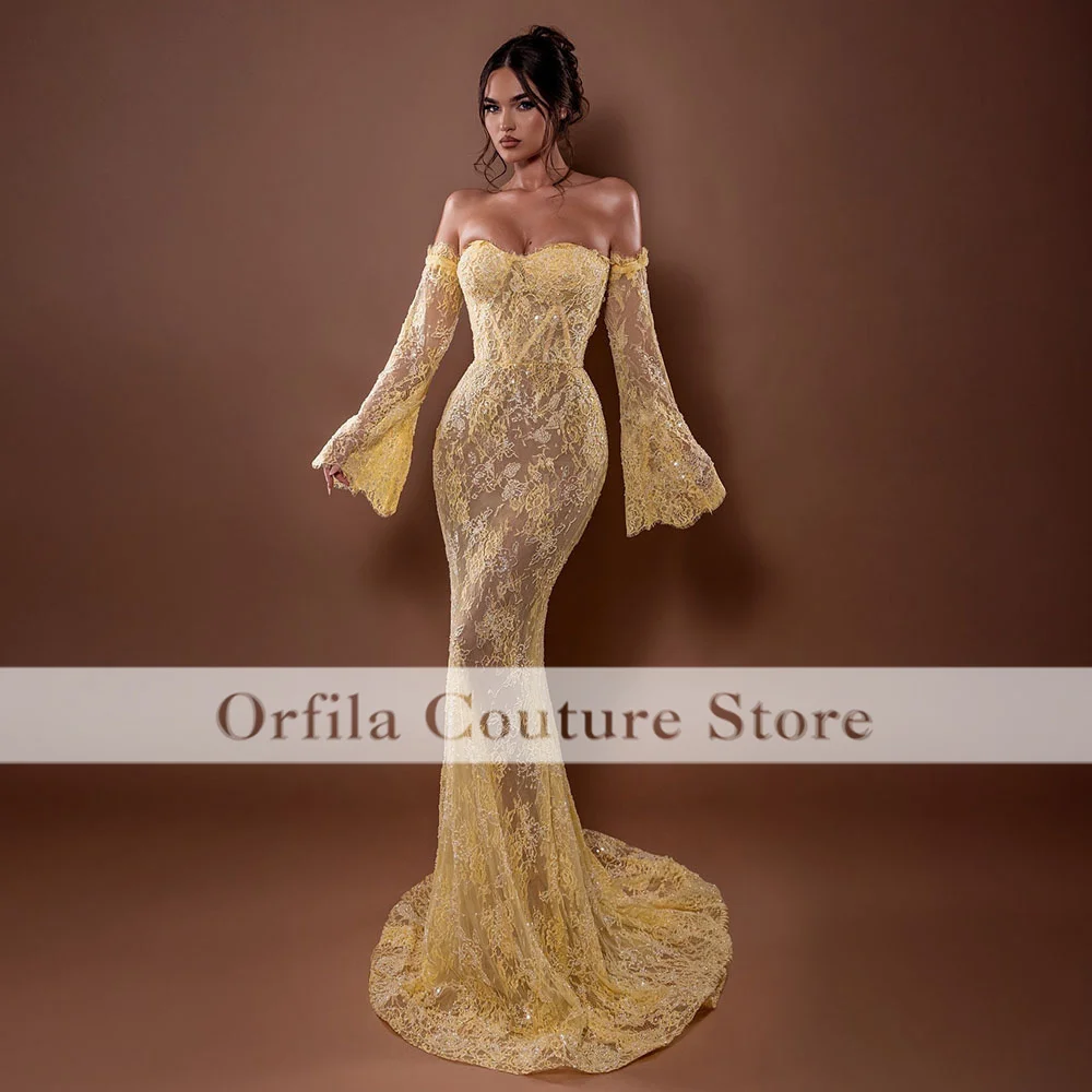 Yellow Lace Mermaid Prom Evening Gown with Long Sleeves Off Shoulder Arabic Style Women's Formal Dress Customized