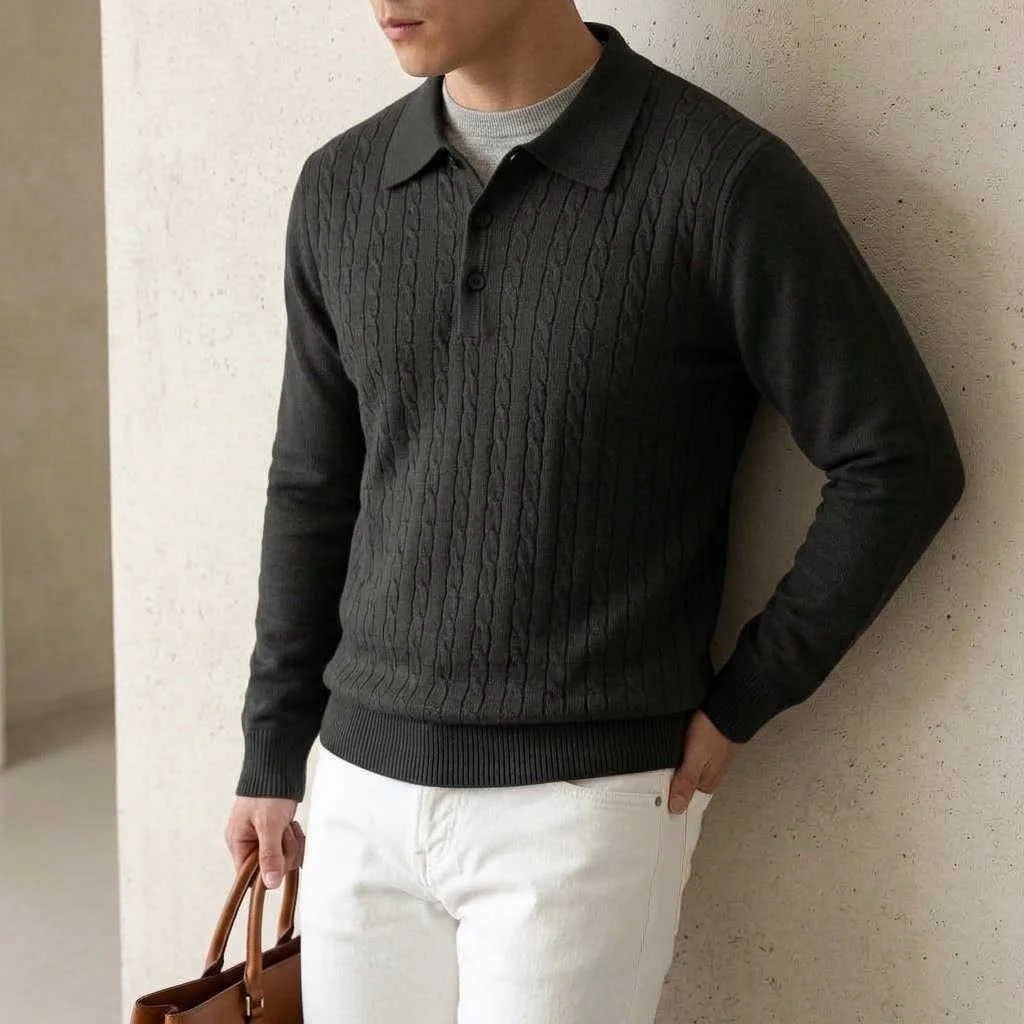 Neue Kabelstrick-Polopullover für Herren, Langarm, lässig, mit Knopfleiste, Vintage-Pulloverhemd, schmal geschnitten, gerippt, Winter-Reversoberteil – Detail 4
