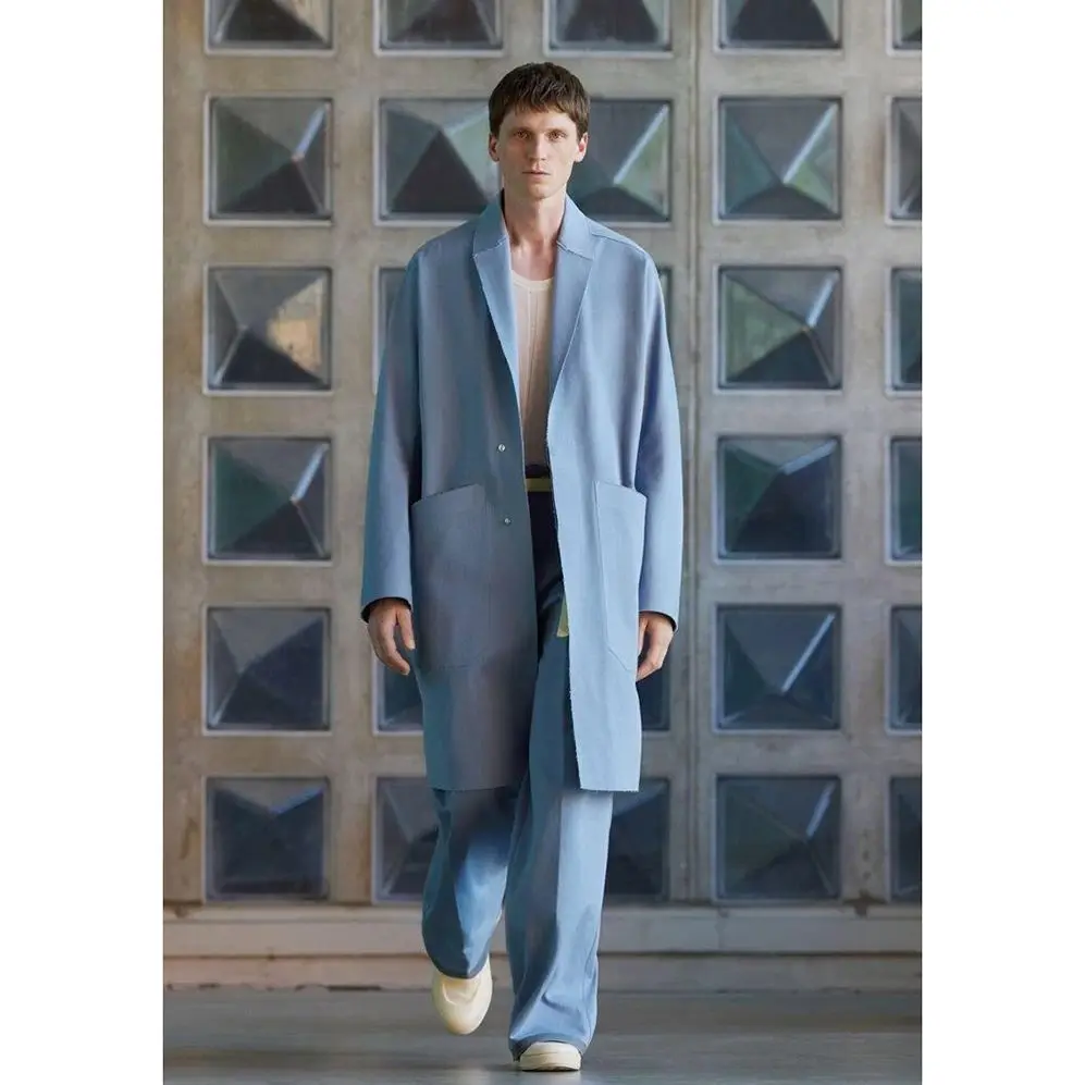 Blue Fashion Long Blazer Single Breasted Men Suit Two Pieces(Jacket+Pants) Lapel Outfits Chic Casual Party Prom Wedding Set