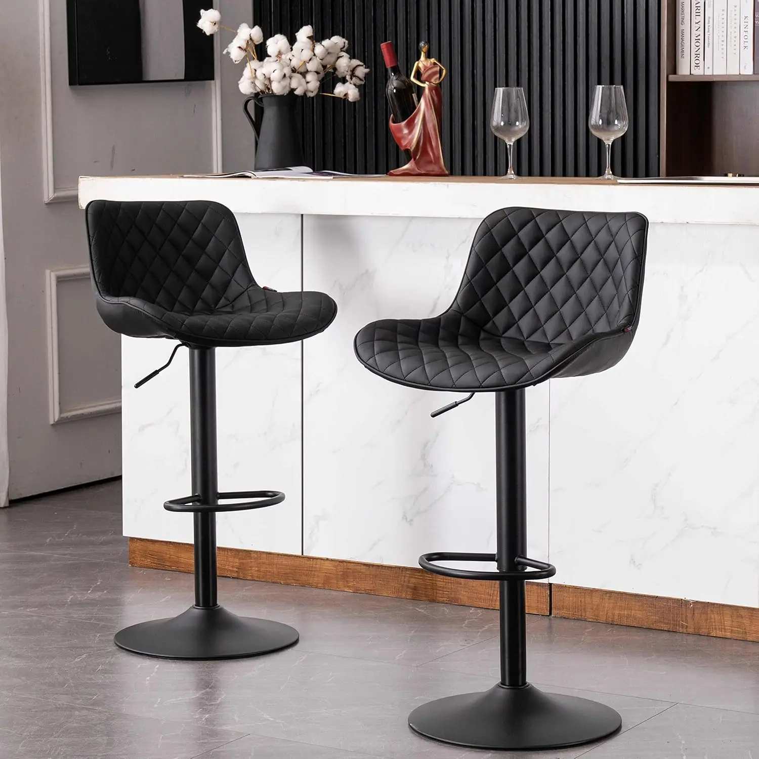 Black Bar Stool Counter Height Bar Stools Set of 2 Adjustable Swivel Faux Leather with Padded Back Diamond Metal Bar Chairs