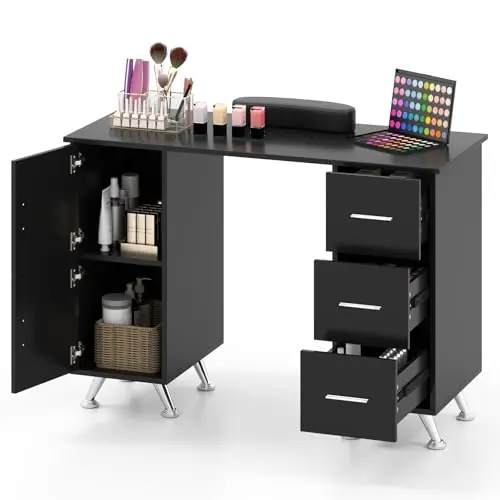 Moccha Nail Desk, Manicure Table w/ 3 Drawers & 2 Storage Cabinets, Wrist Rest, 8 Metal Legs, Acetone Resistant Nail