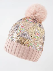 New 2023 Winter Mujer Ladies Christmas Hats Women Chic Glitter Sequin Pompom Hat Knitted Handmade Adult Cover Head Cap