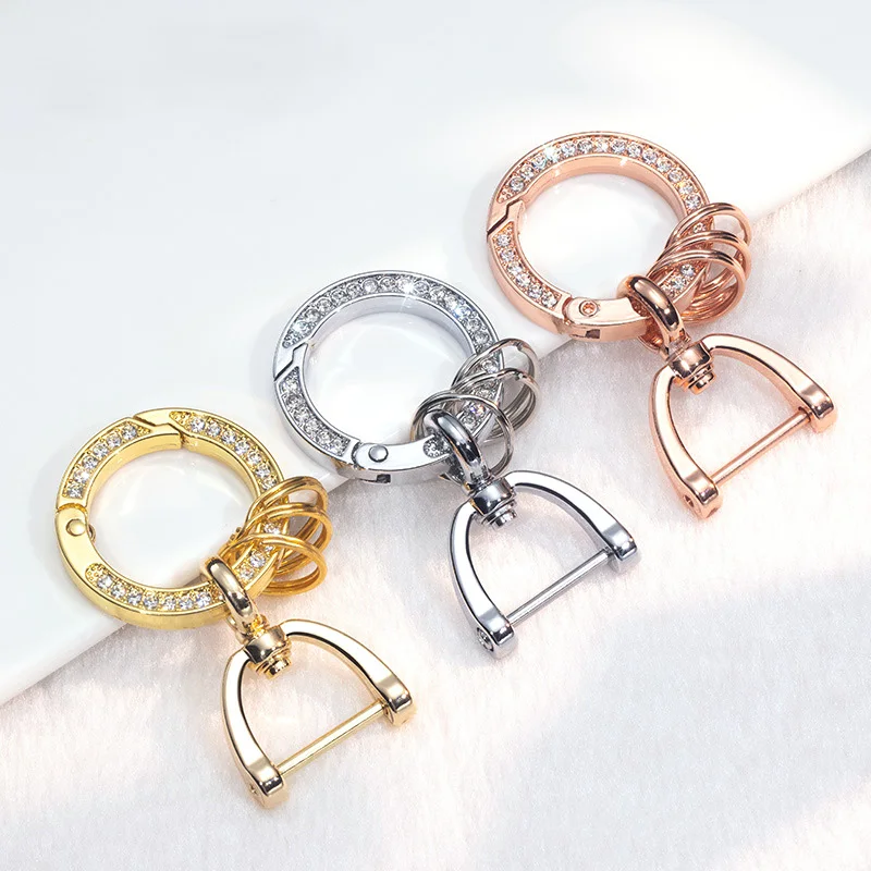 360 Degree Rotation Inlay Rhinestone Keychain High Quality Simple Spring Keyfob Stirrup Keyring Metal Connecting Buckle