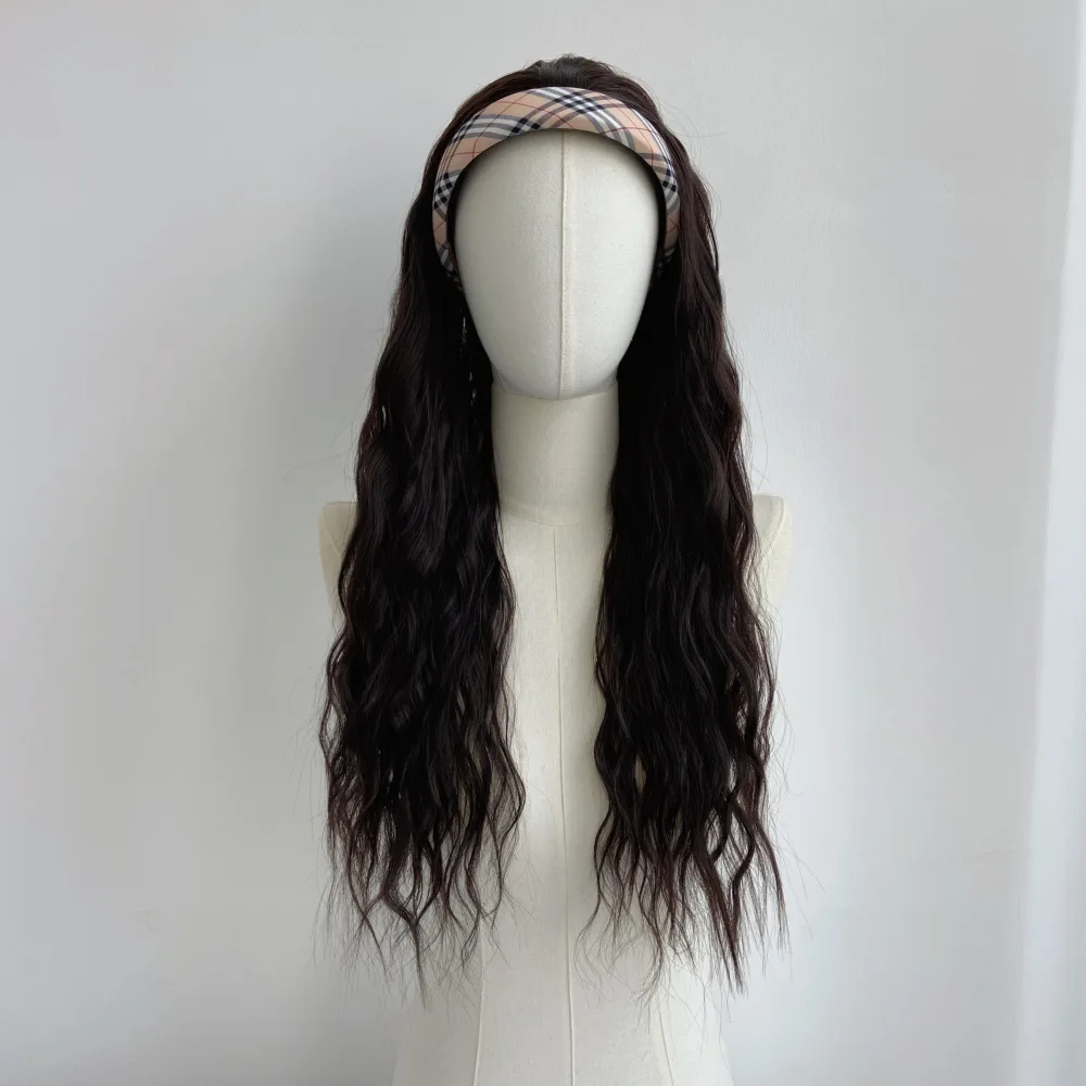 New detachable plaid headband wig with water ripple long hair cover and adjustable head circumference