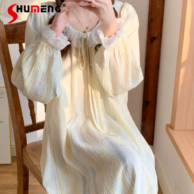 

Spring New Sweet Loose Nightdress for Women Pure Cotton Gauze Simple Sleepshirts Female Gradient Striped Home Sleepwear