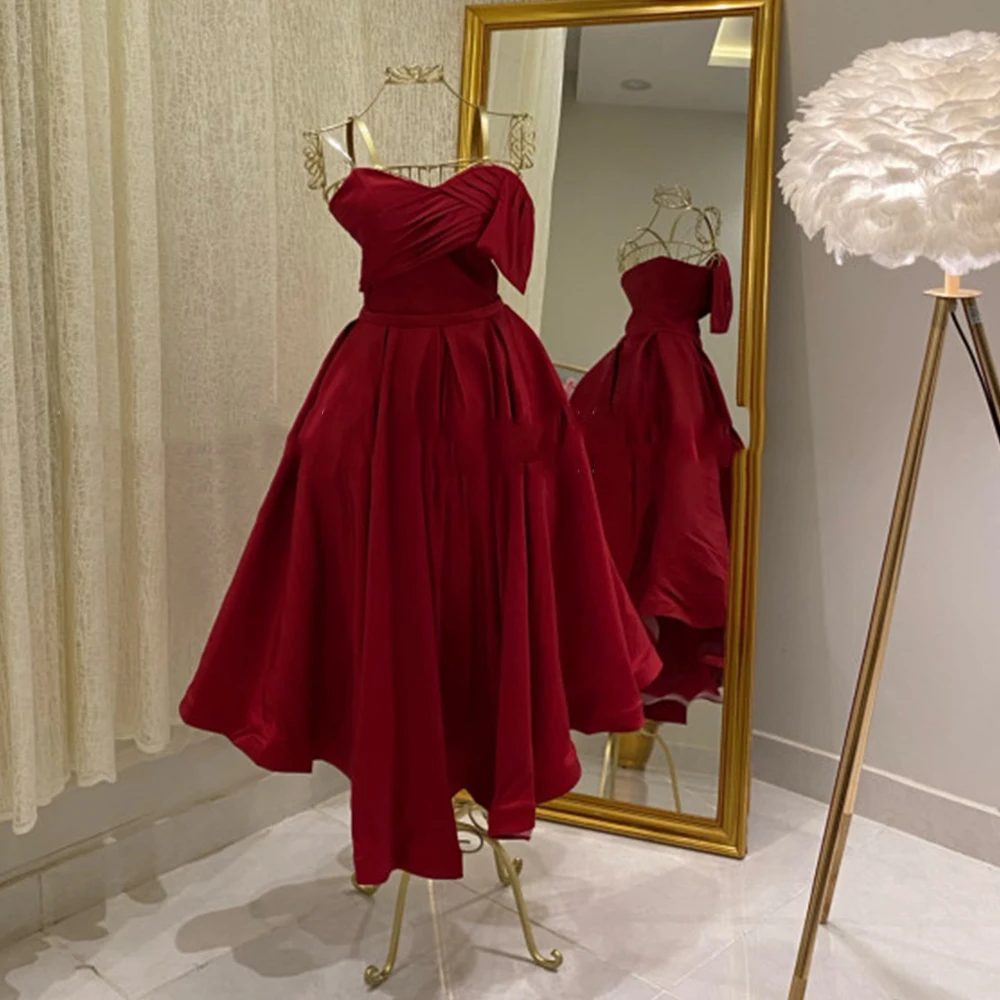 Vermelho de Alta Qualidade Vestidos de Noite Para As Mulheres 2023 Starpless Mangas Prom Vestidos Jersey Tea-Length A-Line فساتين مناسبة حسب الطلب