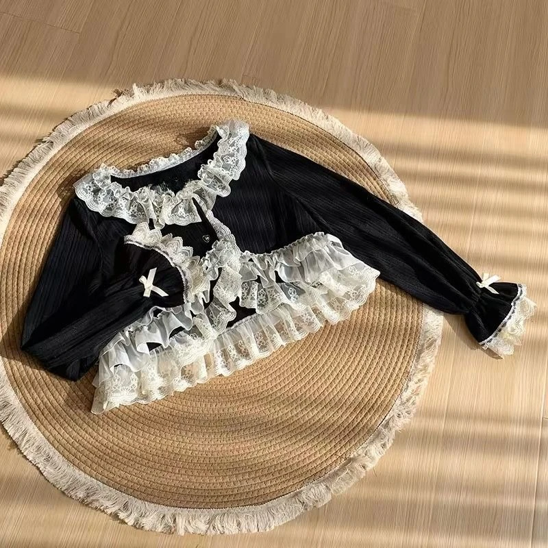 Soft Girl Japanese Lolita Cardigan Ladies Y2K Harajuku Lace Long Sleeve Shirt Sweet Lovely Subcultural Daily Casual Basic Tops