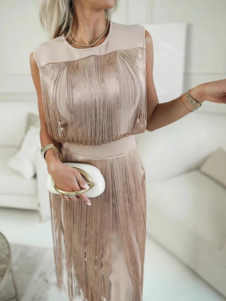 Vestido acampanado ajustado de Color sólido con borlas a la moda Primavera Verano Casual 2026 nuevo vestido largo para mujer vestidos de fiesta sin mangas con cuello redondo