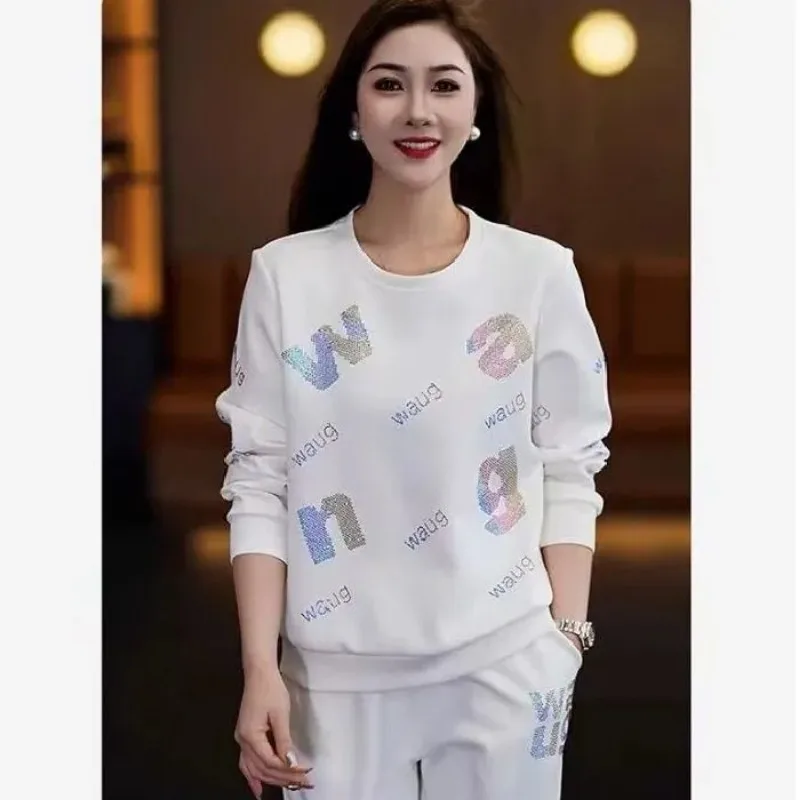 Women Spring Autumn Rhinestone Letter Print Crew Neck Sweatshirt Casual Two Piece Tracksuit