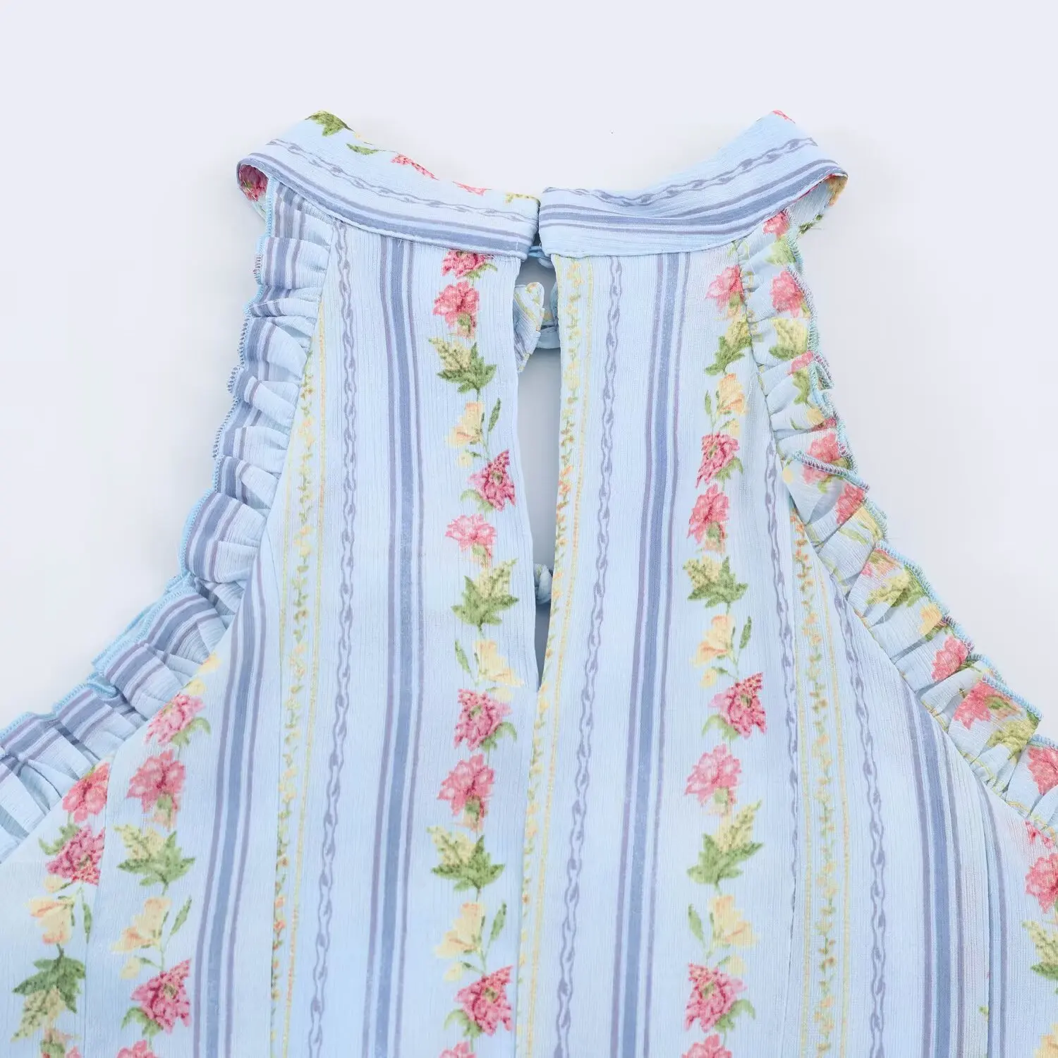 BSAY Vintage Blumenmuster Gestreiftes Neckholder-Kleid für Damen mit Rüschenbesatz, Schlüsselloch-Ausschnitt, ärmellos, ausgestelltes Minikleid, Strand- und Urlaubsoutfit – Detail 10