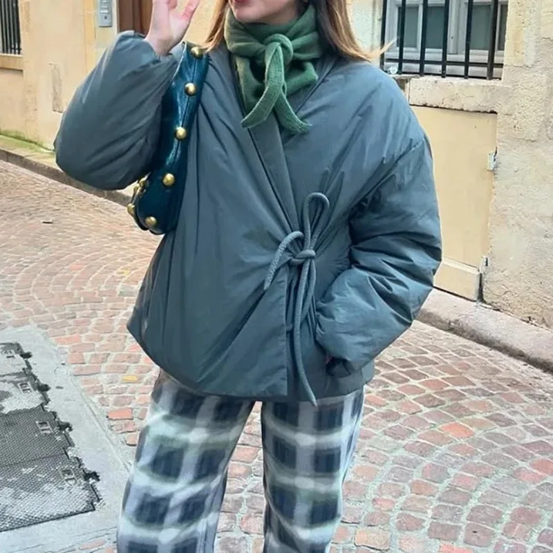 

Luxury Coat for Women Fall 2025 New Casual Gray Lace Up Cotton V-neck Pocket Thick Jackets Female Street All-match Outwear Tops