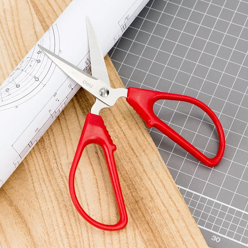 Deli 6035 Stainless Steel Pointed Scissors Red Household Office Kitchen Paper Thread Cutting Multi-purpose Heavy Duty Shears