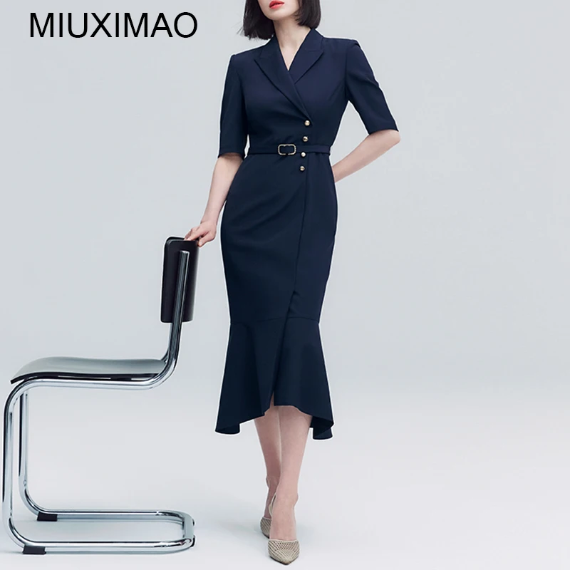 

MIUXIMAO 2022 High Quality Autumn&Winter Elegant Dress Short Sleeve Notched Solid Belt Fashion Trumpet Dress Women Vestide