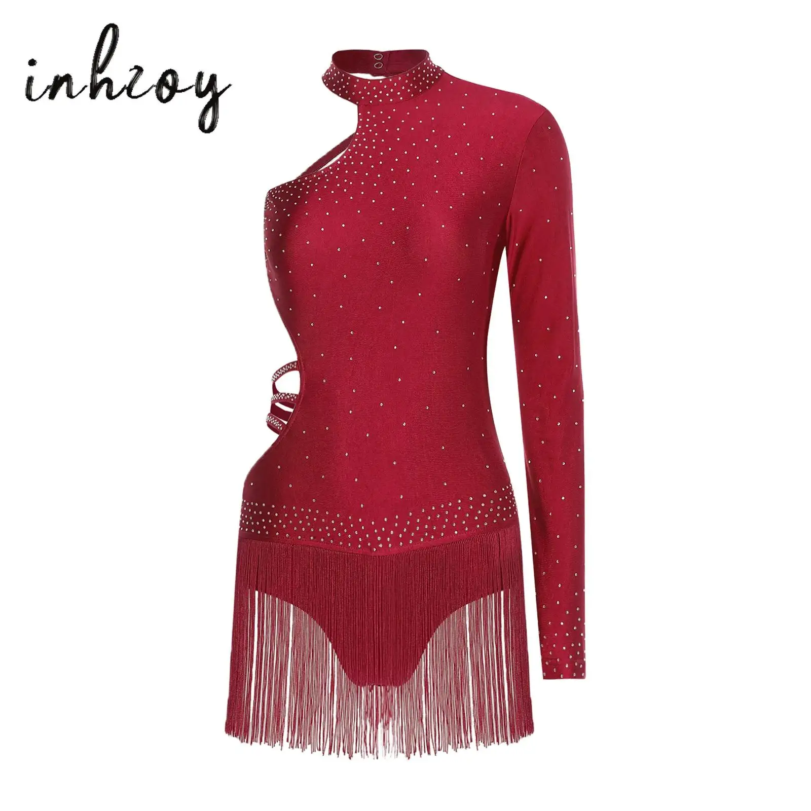 

Women's Latin Dance Dress Single Long Sleeve Strappy Backless Tassel Skirted Leotard Dresses for Chacha Tango Dance Bodysuit