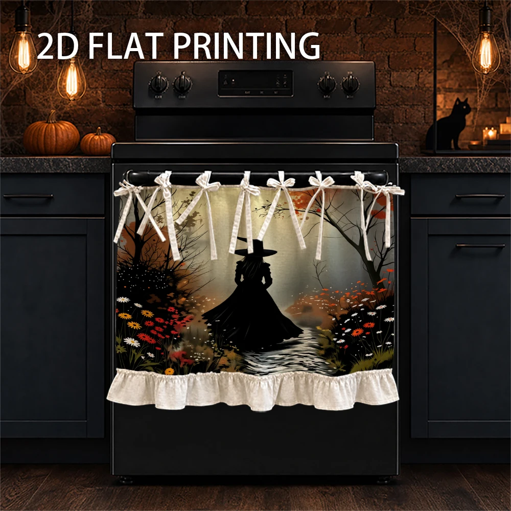 1PC Kitchen Curtain-Cabinet Curtain-Apron. The silhouette of a witch appeared in the forest full of autumn flowers. Can be used