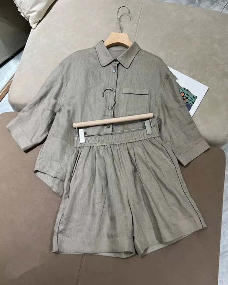 2026 New Spring Summer Minimalist Linen Lapel Shirt and Shorts Two-Piece Set Women’s Loose Casual Outfit