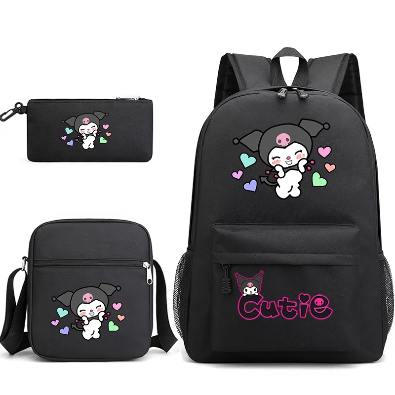 

MINISO 3 Pcs/Set Sanrio Kuromi Primary Backpack for School Teenager Girls Boys Print Travel Knapsack Cartoon Bookbag Mochila