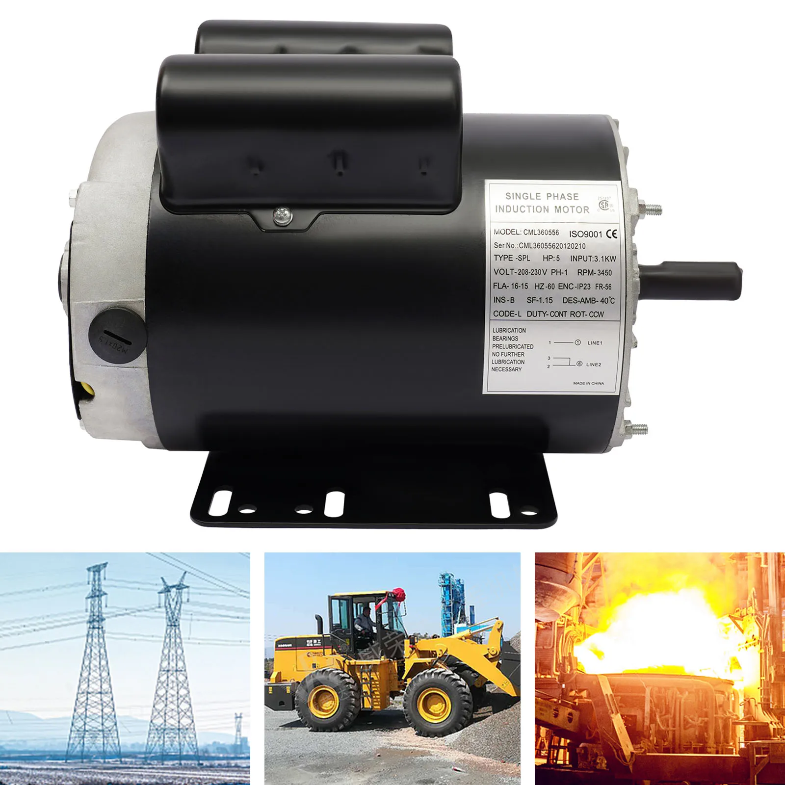 Air Compressor with HP 5SPL Single AC Phase Steel Housing with Overload Protection 3600rpm for Pumps Fans Machinery