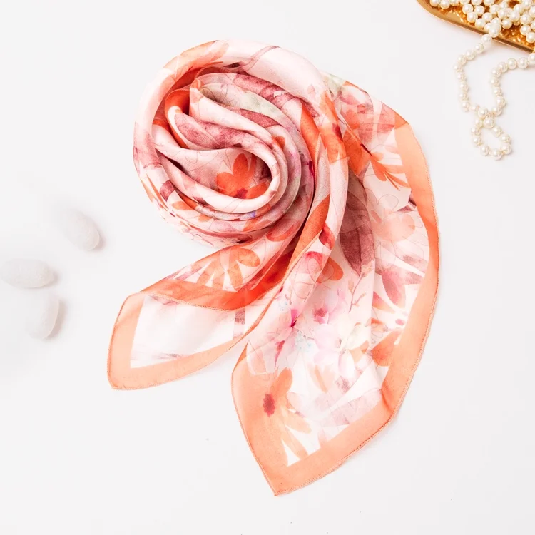 

Enianechu 100% Silk Luxury Brand Scarves Ladies Autumn Orange Gradient Print Square Scarf Head & Neck Scarf for Women Accessory