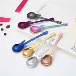 1PCS Stainless Steel Cartoon Guitar Spoon Creative Milk Coffee Spoon Ice Cream Candy Teaspoon Accessories 7 Color Options