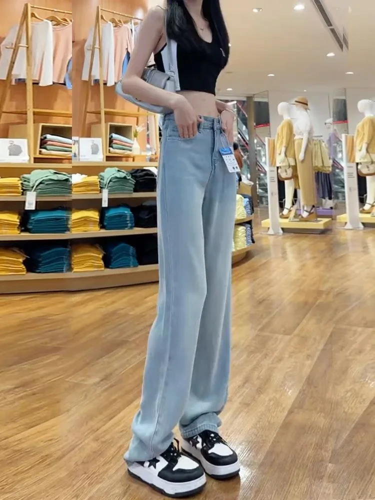 

High Waist Wide Leg Jeans Women's Light Blue Straight Cut Loose Fit Slimming Floor Length Trousers Casual Style Jeans