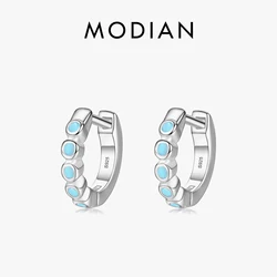 Modian Real 925 Sterling Silver Tiny Round Turquoise Charm Vintage Hoop Earrings For Women Silver Fine Statement Jewelry Gift