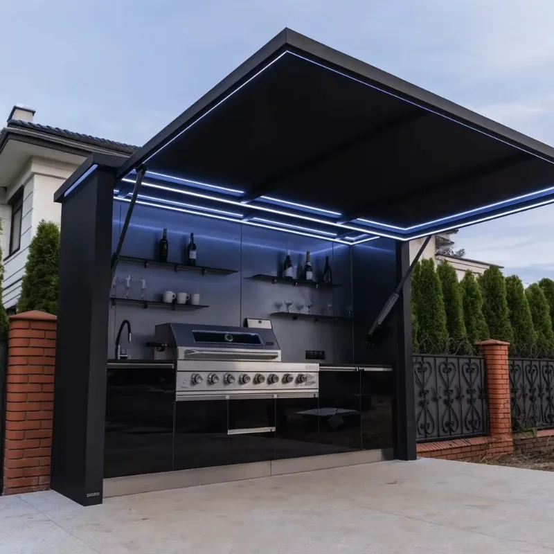 Remote Control Modular Outdoor Bbq Kitchen Shed Weatherproof Stainless Steel Bbq Cabinetry Customized Outdoor Kitchen with Roof