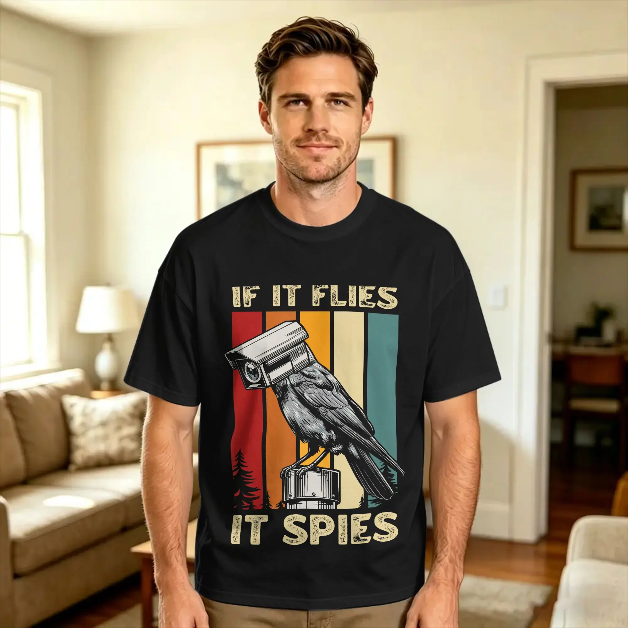 Vintage T Shirt Beach If It Flies It Spies Funny Spy Bird Conspiracy Theory Retro Trendy Cool T-Shirts  Pure Cotton Tshirt