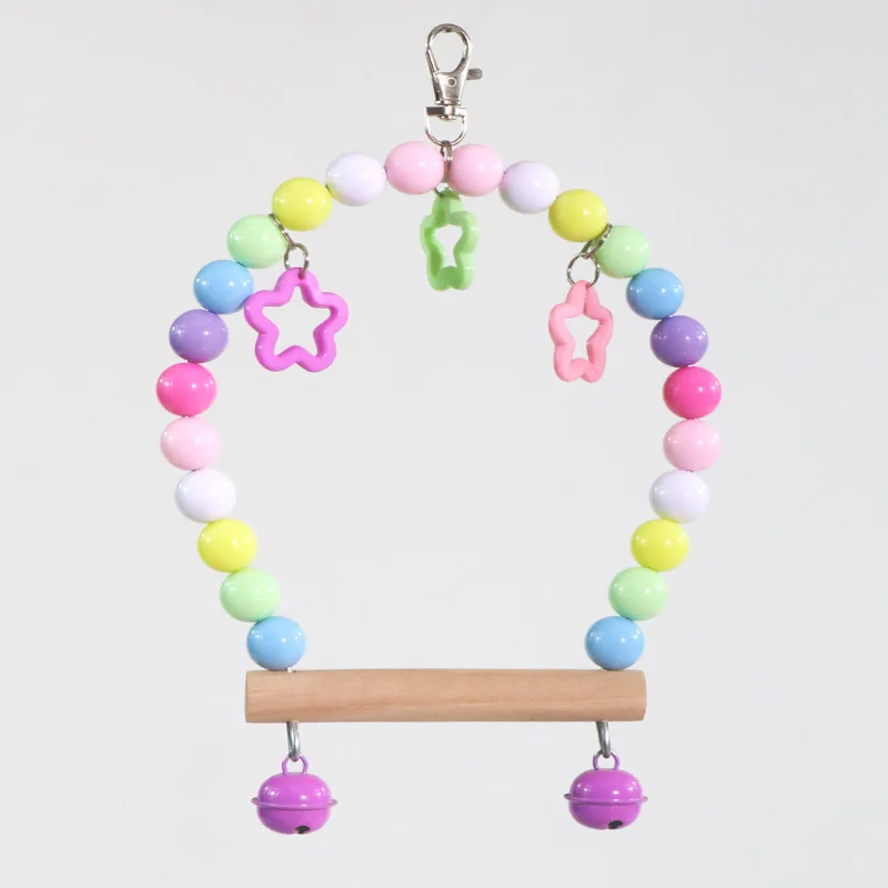 Natural Wooden Parrots Swing Toy Parakeet Birds Colorful Beads Bird Supplies Bells Toys Perch Hanging Swings Cage for Pets