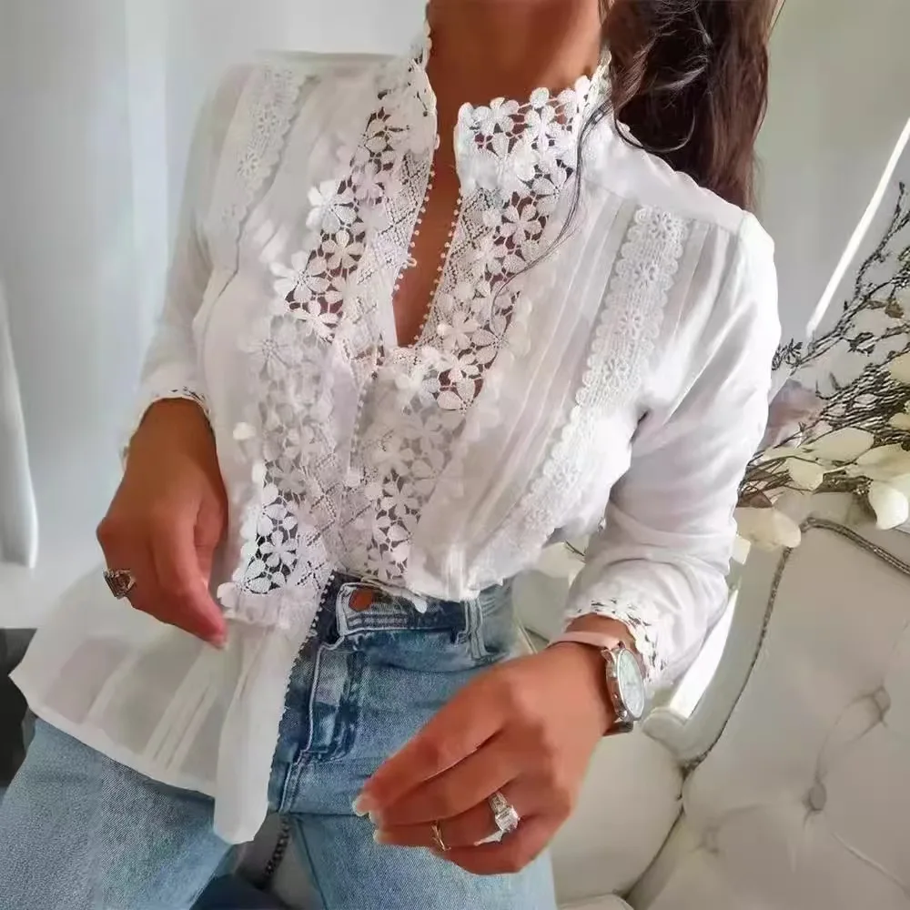 

2025 Spring Summer Women's Solid Color Fashion Nine Sleeve T-shirt Sexy Lace Lace Splicing Casual Loose Top Shirt