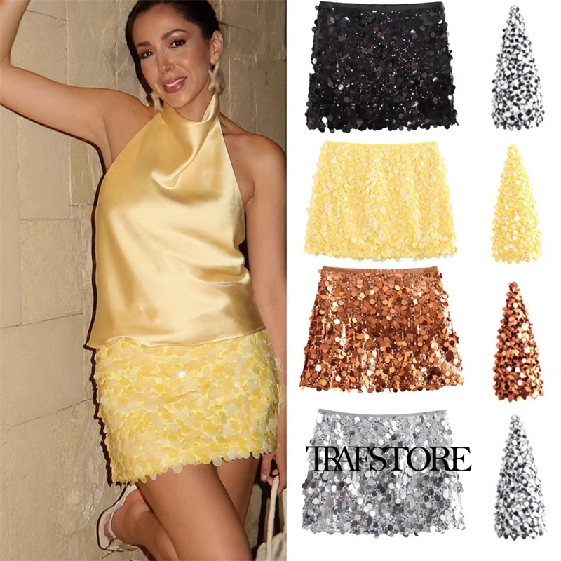 Women's Summer Fashion High Waist Sequin Decoration Mini Skirt Sexy Side Zipper Slim Party Skirt Women's Streetwear Y2k