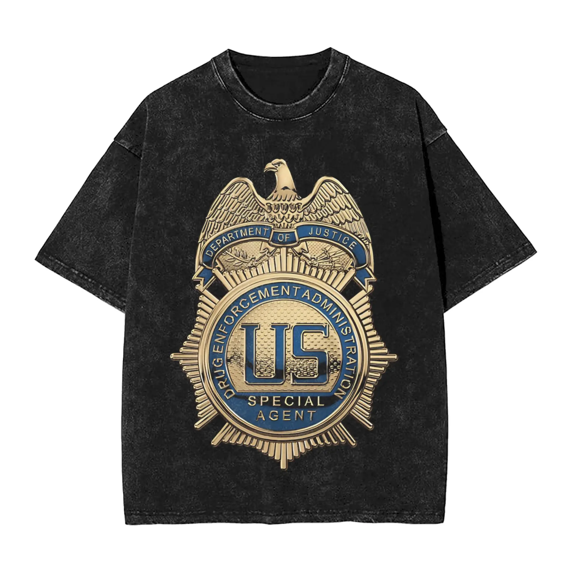 DEA Special Agent Badge White Leather T Shirt Hip Hop Washed Short Sleeve Oversize T-Shirt Vintage for Men Streetwear Tee Shirt