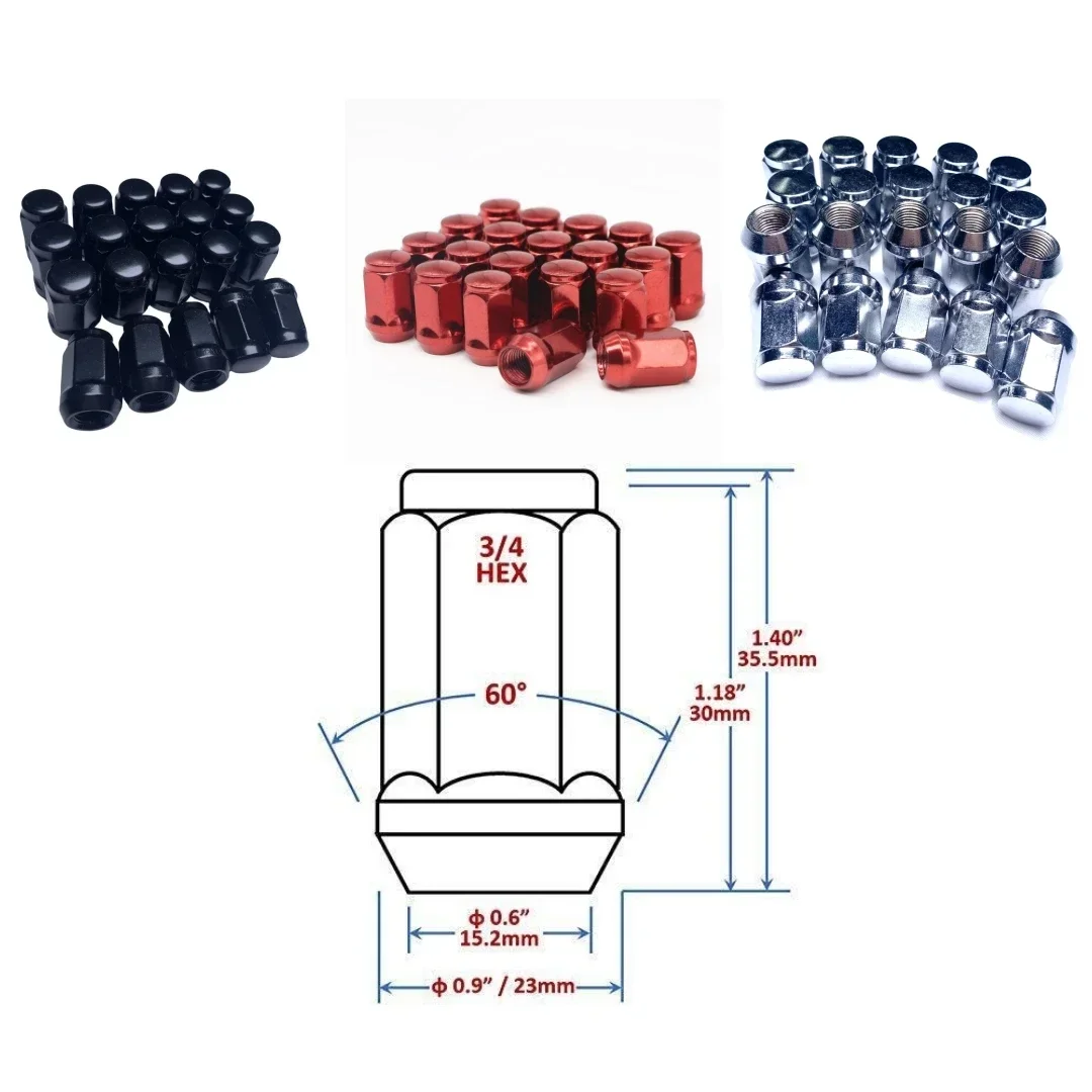 

1pc Bulge Acorn Lug Nuts Wheel Screws M1/2''-20/M12x1.25/M12x1.5/M14x1.5 | Hex 19mm | Length 35mm | Chrome/Black/Red