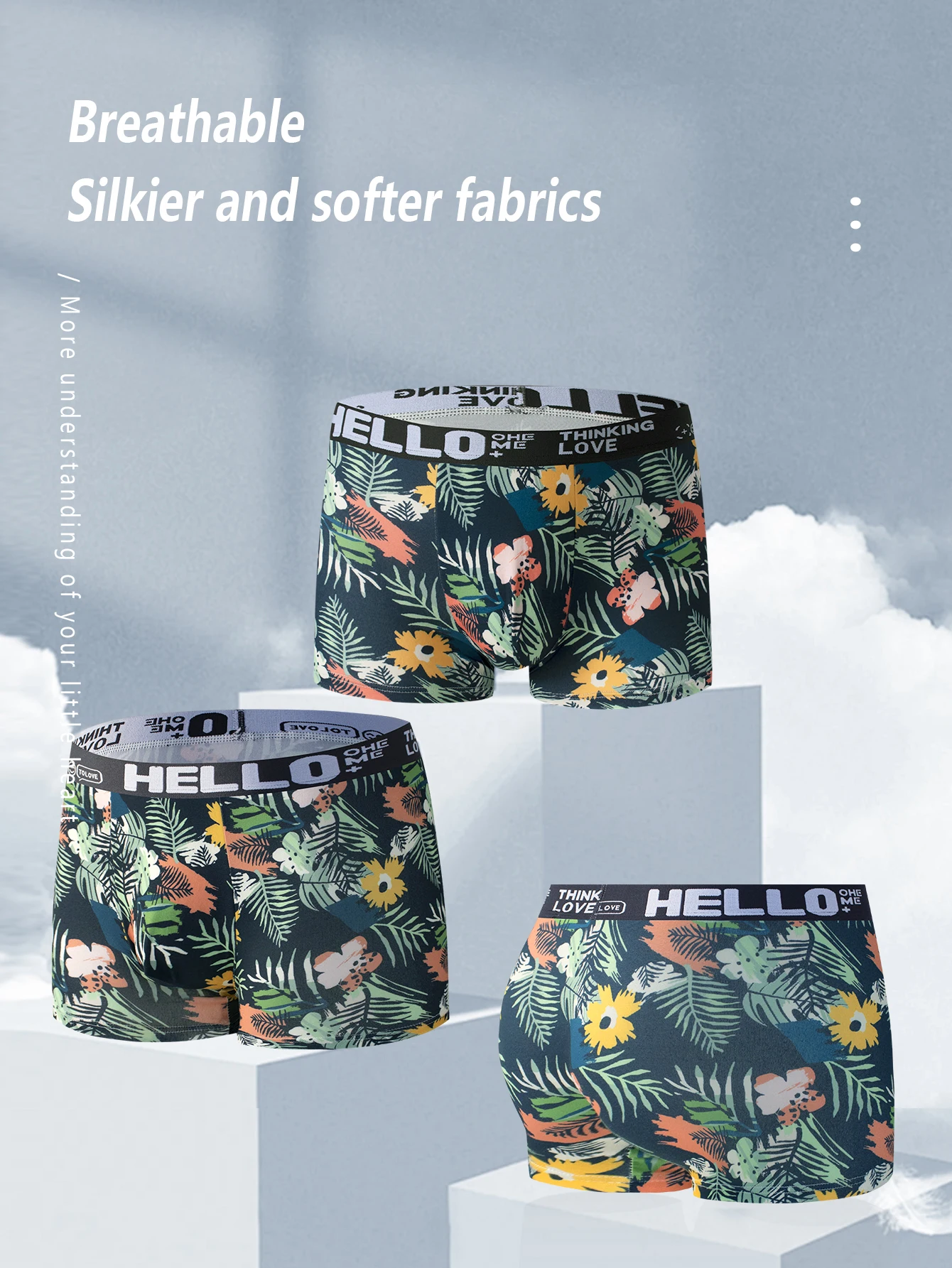 1 pair of men\'s printed underpants personalized fashion comfortable and soft boxer shorts Hello letter waistband boxer shorts