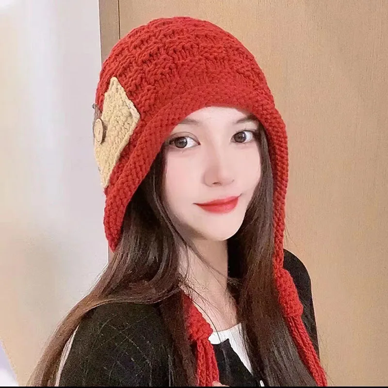 

Winter Earflap Hats For Women Tassel Knitted Skull Cap Korean Crochet Ear Protection Hats Girls Pullover Hat Winter Accessories