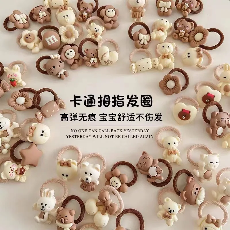 10Pcs/Set Cute Cartoon Chocolate Elastic Small Hair Bands Aniaml Flower Bear Rabbit Hair Ties Rope Girls Rubber Ponytail Scrunch