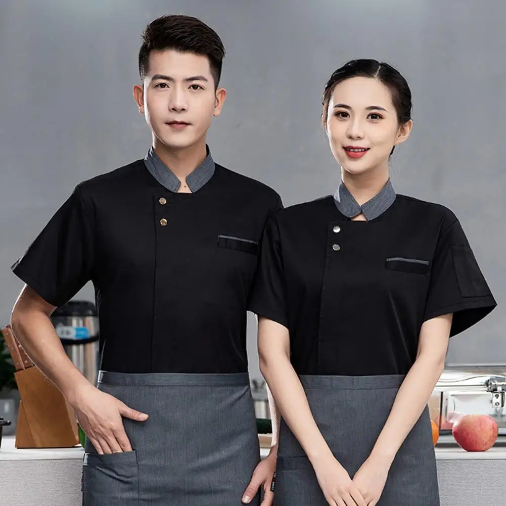 Uniforme de Chef transpirable para hombre y mujer, chaqueta de Chef resistente a las manchas para cocina, panadería, restaurante, manga corta, cuello levantado Unisex